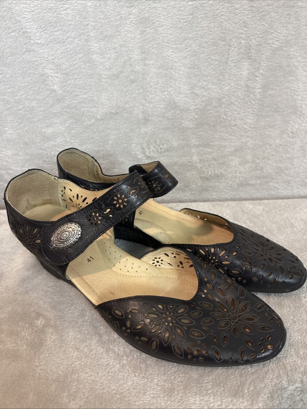 Spring Step Nougat Mary Jane Sandals Womens EU 41 9.5 10 Black Wedge Heels Shoes